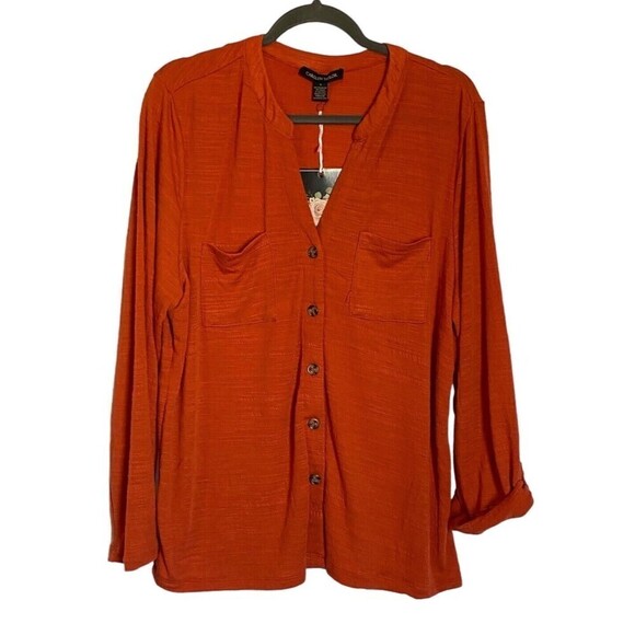 Carolyn Taylor Women's Large Button Up Tunic 3/4 Roll Sleeve 2 Pocket Top NEW - Picture 1 of 9